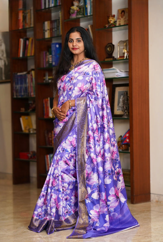 Floral Printed Purple Dola Silk Saree